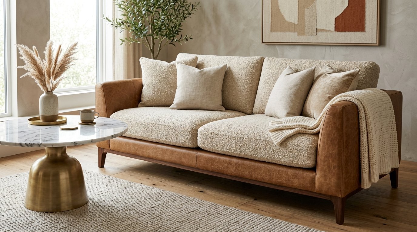 A two-seater sofa with leather frame and textured cream cushions sits by a marble coffee table with pampas grass.