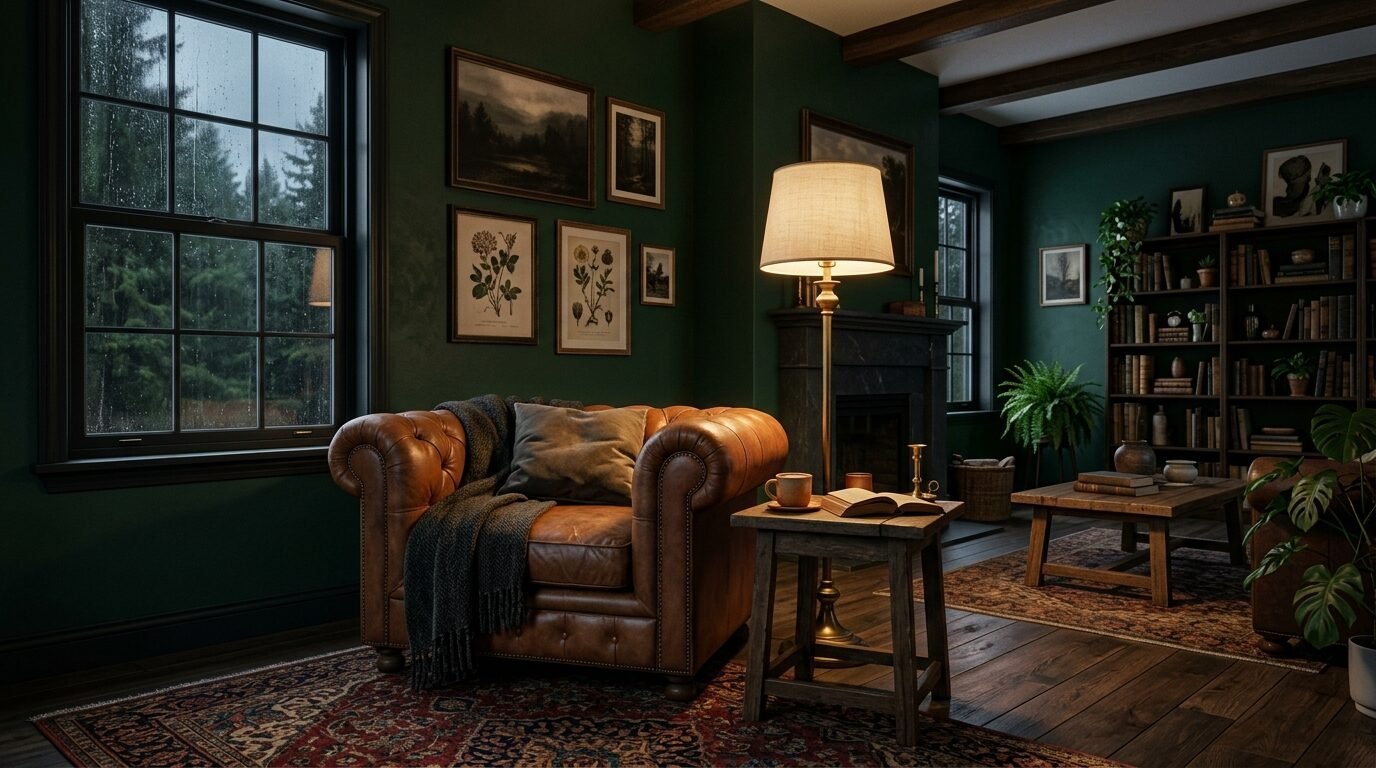 A tufted brown leather chair sits by a lamp in a dimly lit, green-walled room with bookshelves and rainy windows.
