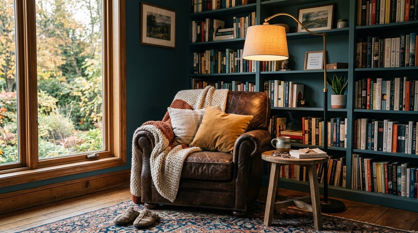 Brown leather armchair with a knit blanket beside a window and floor-to-ceiling blue bookshelves.