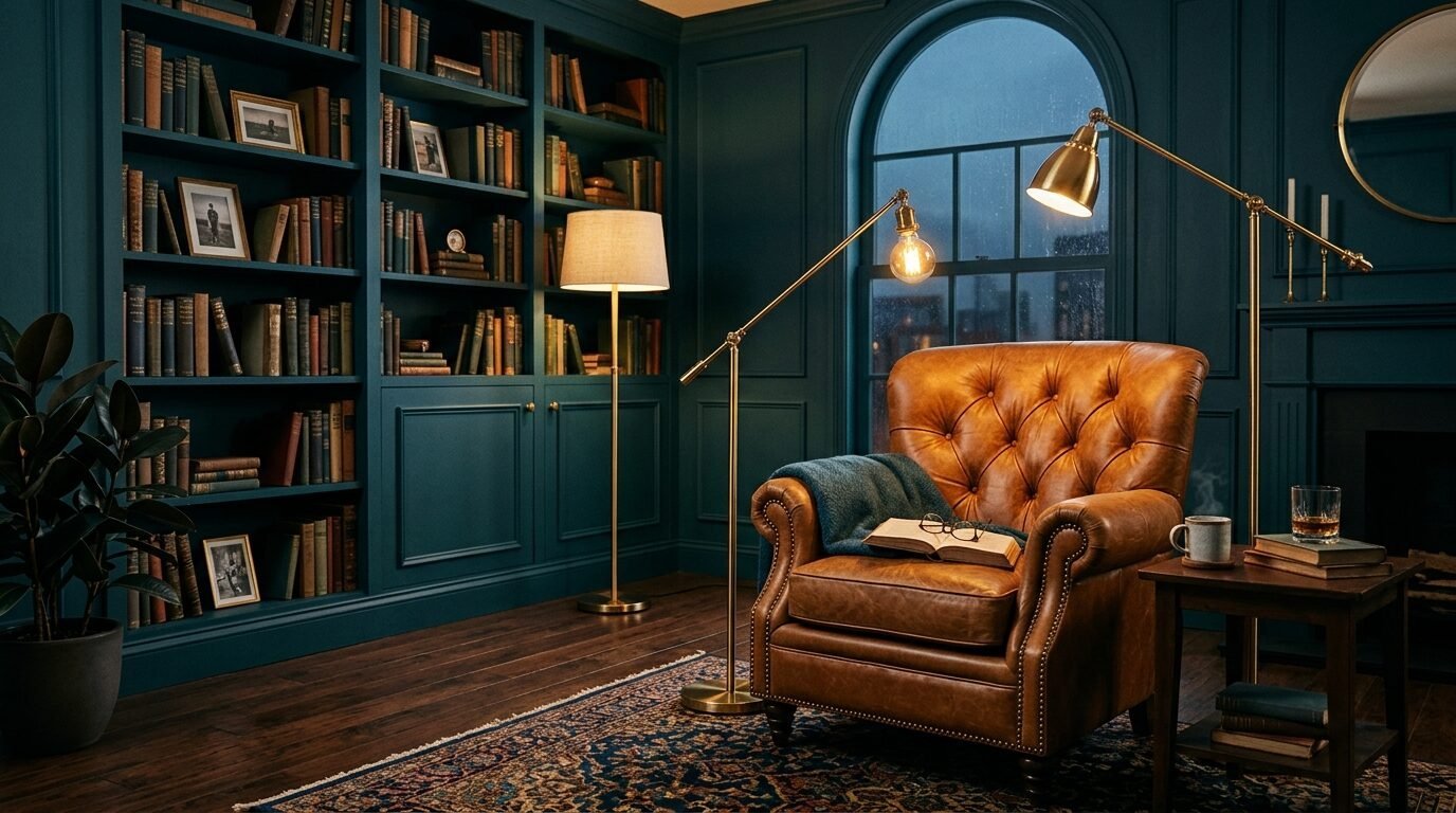 A tufted tan leather armchair sits in a library with dark teal walls, bookshelves, and warm brass floor lamps.