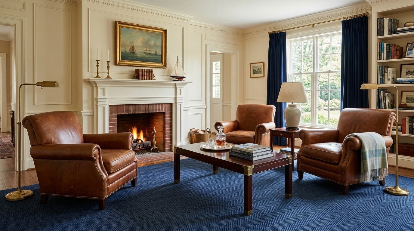 Three brown leather club chairs arranged around a dark wooden coffee table on a blue herringbone rug.