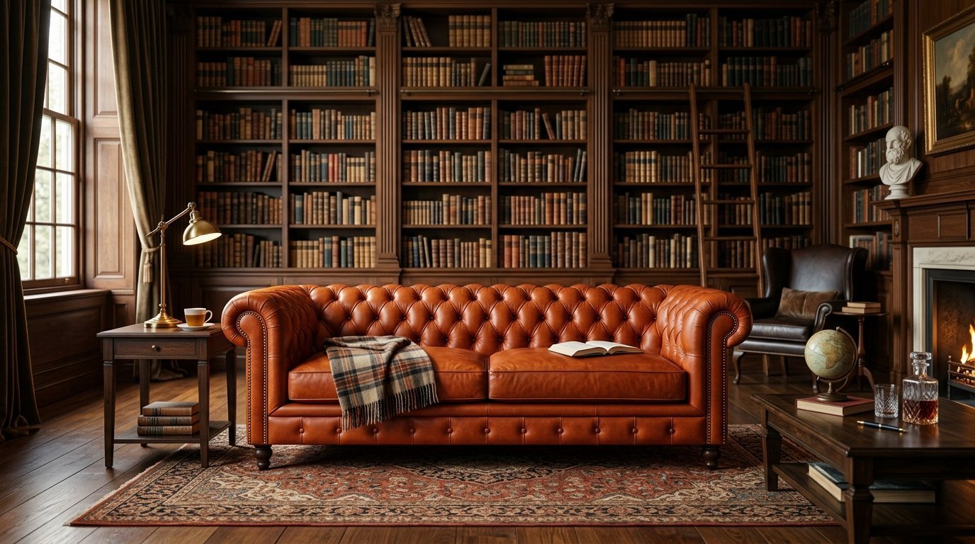 A brown leather Chesterfield sofa sits on a patterned rug in front of floor-to-ceiling wooden bookshelves.