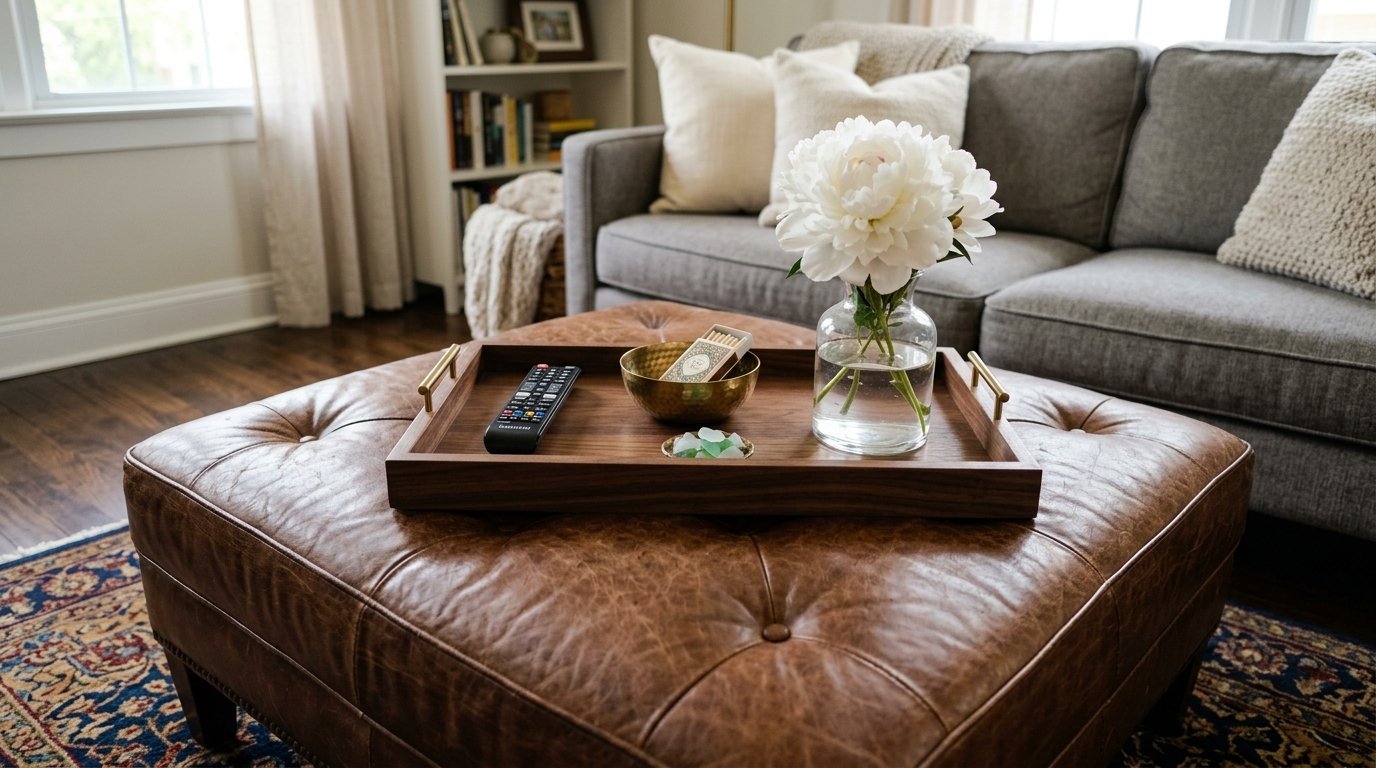 Close up of a brown leather ottoman featuring a wooden tray, a vase of peonies, and a television remote.