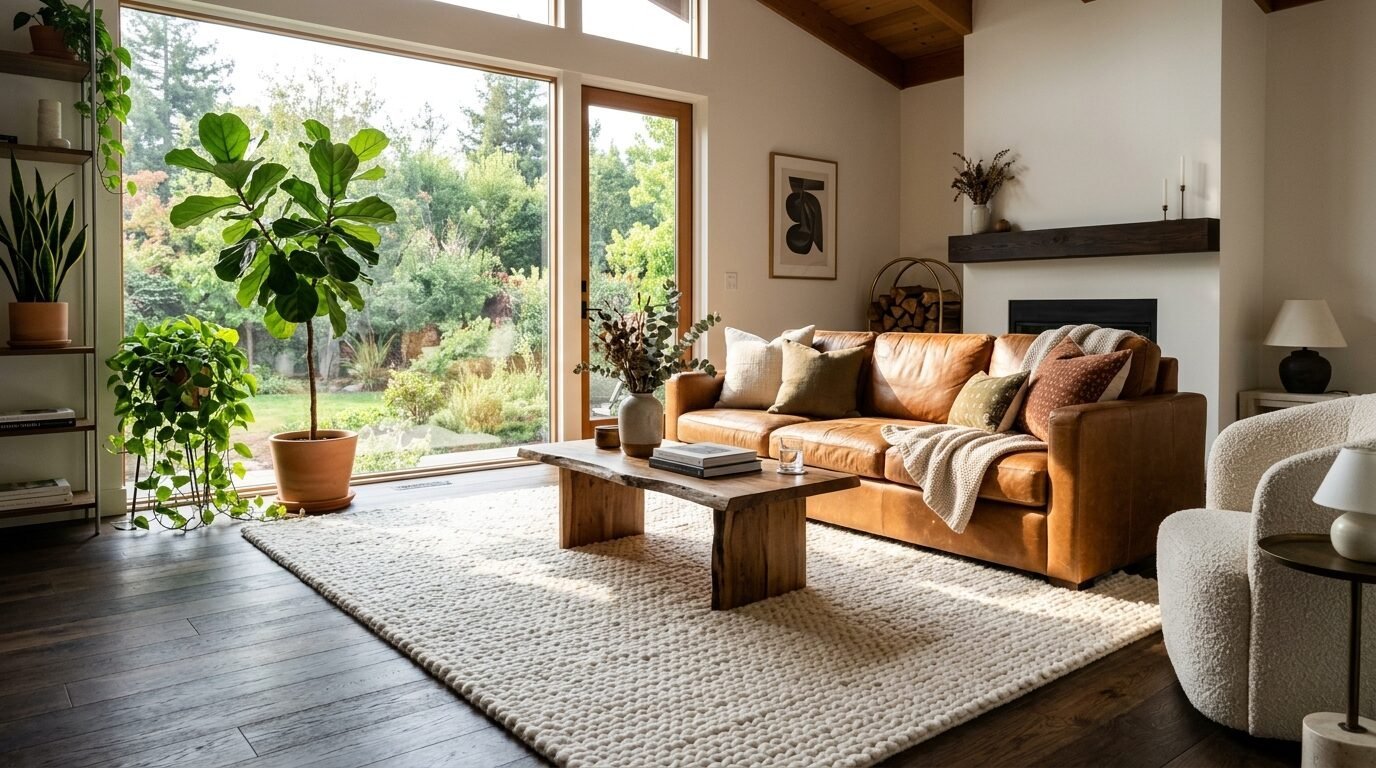 Modern interior with a brown leather sofa, wooden coffee table, and large potted plants near floor to ceiling windows.