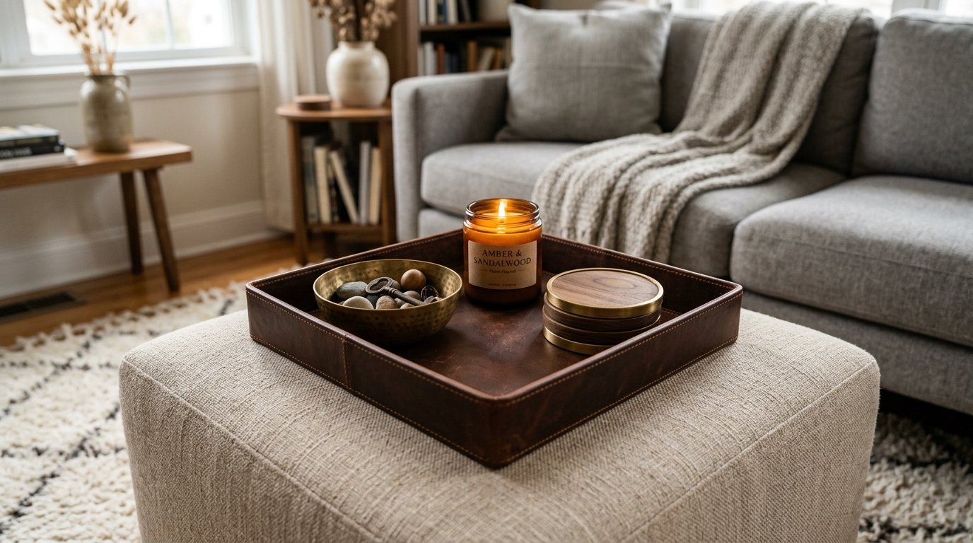 Dark brown leather tray holding a candle, brass bowl, and coasters on a textured cream ottoman.