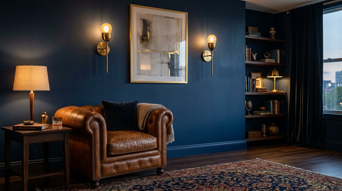 Brown tufted club chair with a dark pillow against a navy wall with gold sconces and a framed painting.