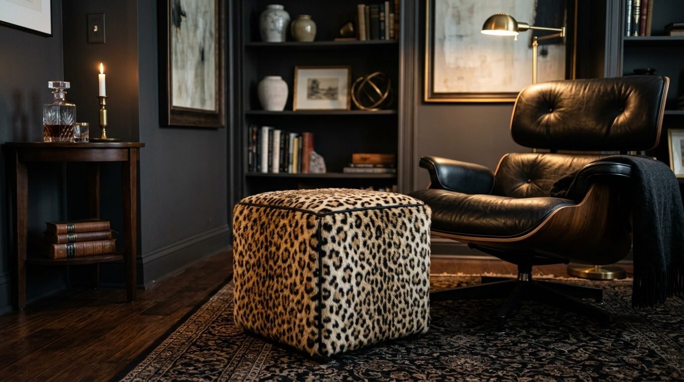 A cube-shaped leopard print ottoman sits on a patterned rug near a black leather Eames-style lounge chair.