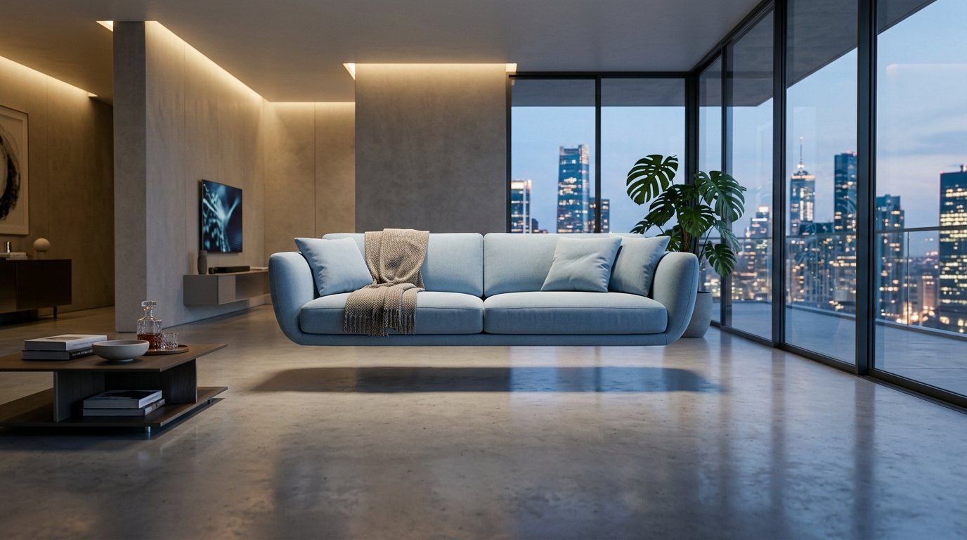 A light blue couch with a throw blanket floating in mid-air in a modern high-rise living room at night.