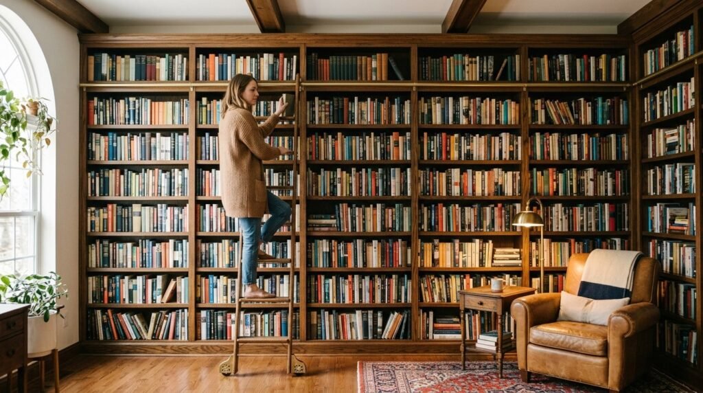 Tall dark wood bookshelves with a rolling brass ladder in a home library setting.