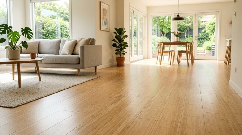 Bright room featuring sustainable light colored bamboo flooring with a clean aesthetic.