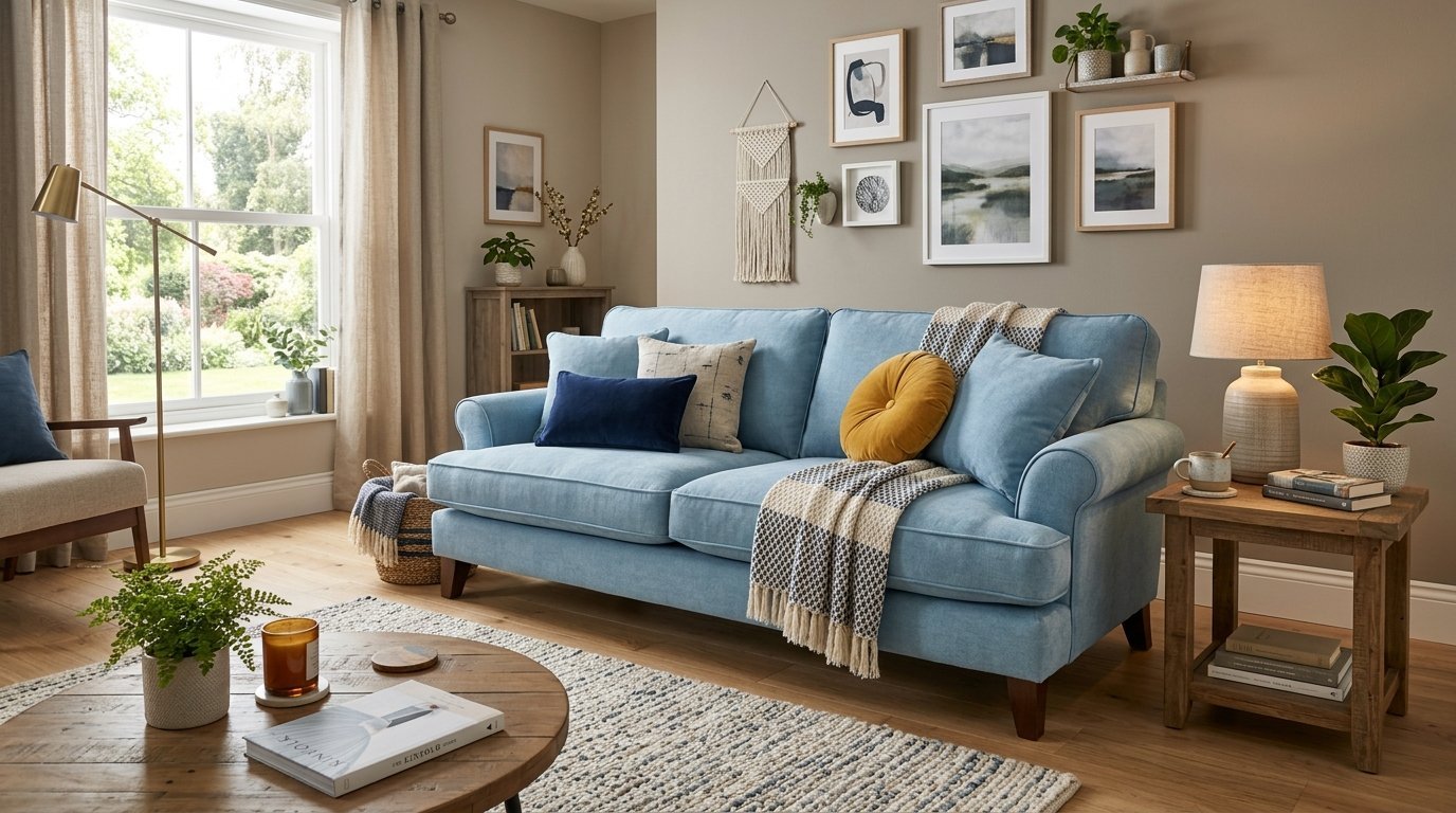 A light blue upholstered couch featuring a round gold cushion and a woven throw blanket in a sunlit neutral living room.