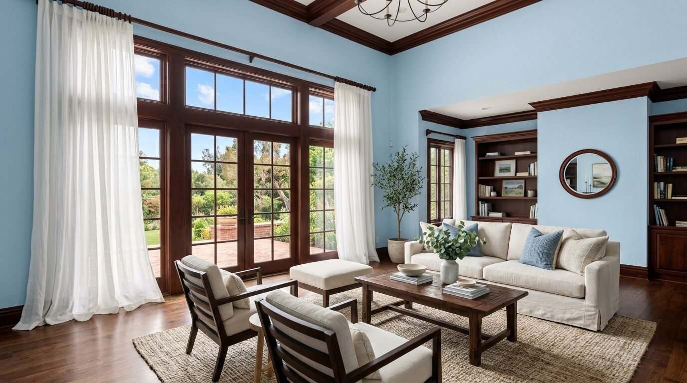 A sunlit living room with light blue walls, wood bookshelves, and a beige sofa overlooking a backyard patio.