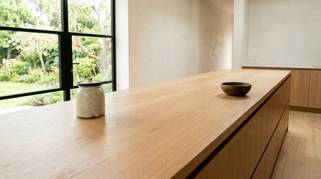 A close-up view of a light oak kitchen countertop showing natural wood grain texture.