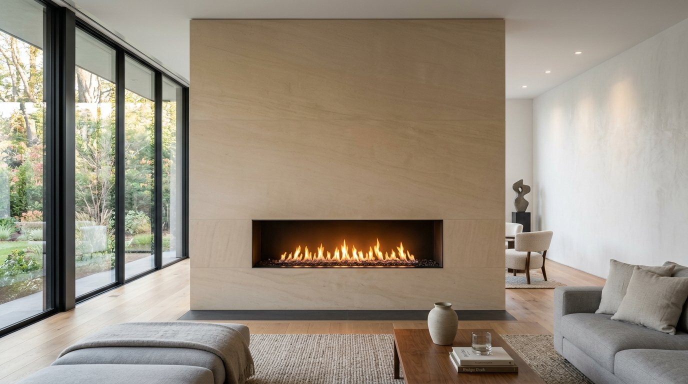 A wide, built-in gas fireplace set into a large beige stone wall in a contemporary living room.