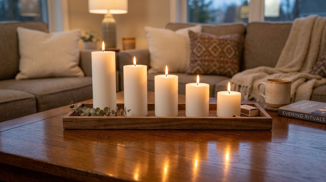 A set of five white pillar candles burning on a wooden tray with a book and coffee cup in a cozy living room.