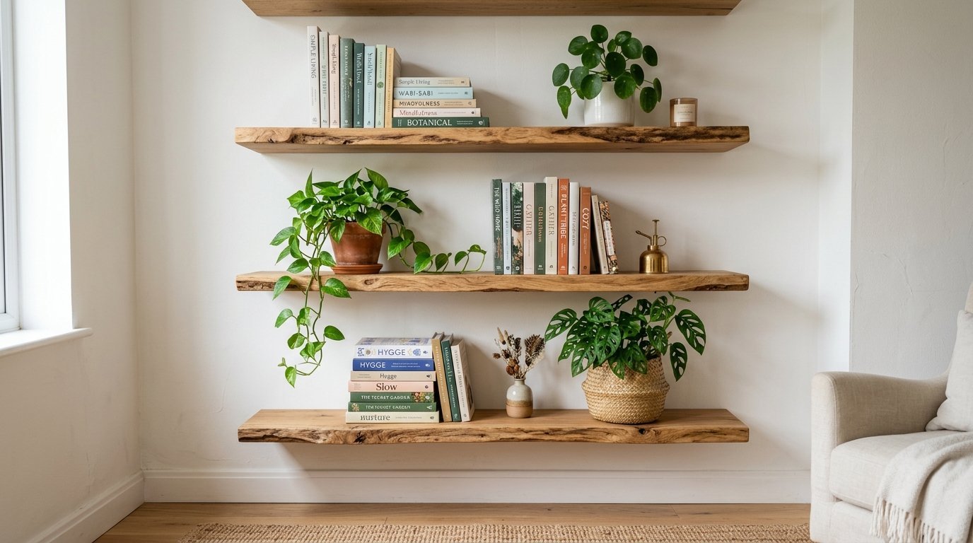 Floating live-edge wood shelves against a white wall with potted plants, stacked books, and home decor items.
