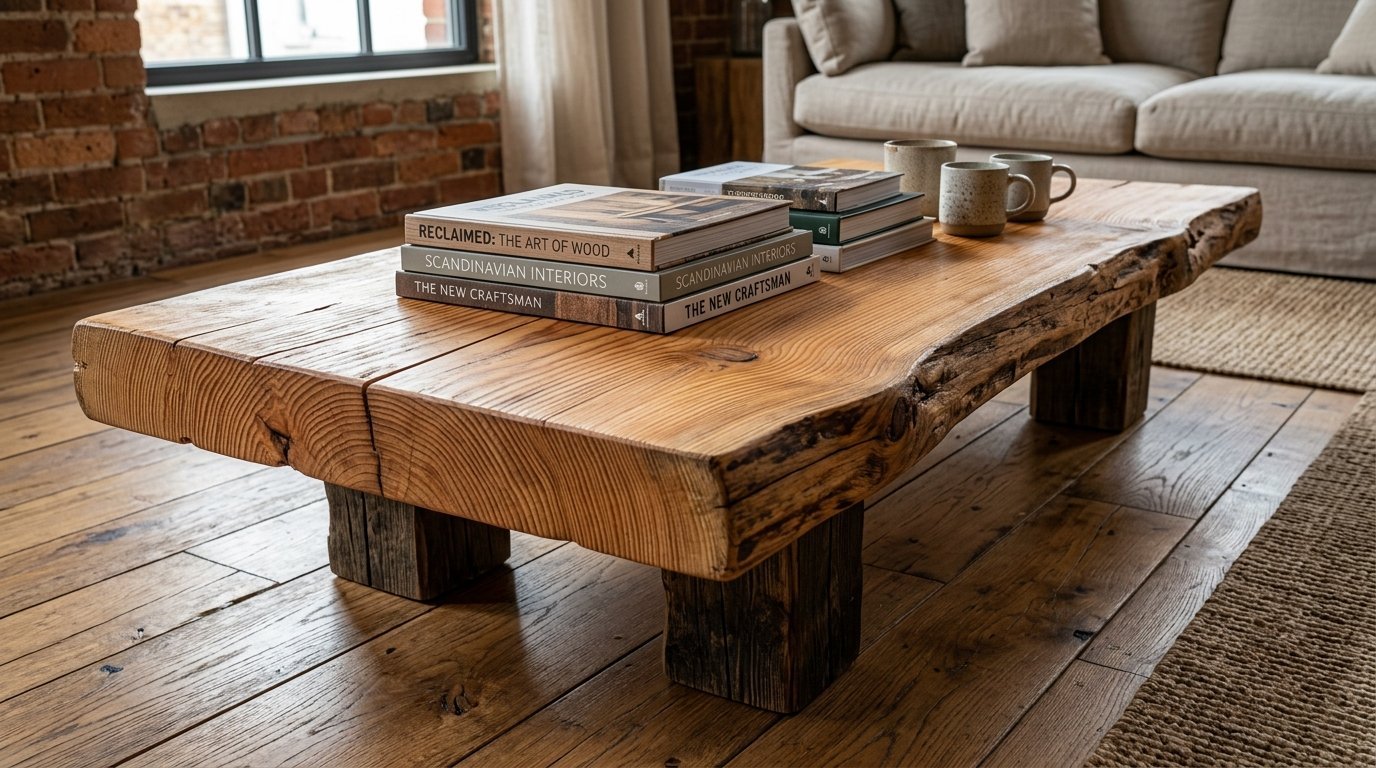A chunky reclaimed wood coffee table sits on hardwood floors in front of a sofa.