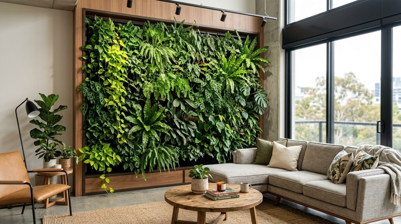 An interior living space featuring a large wooden framed wall covered in various green potted plants.