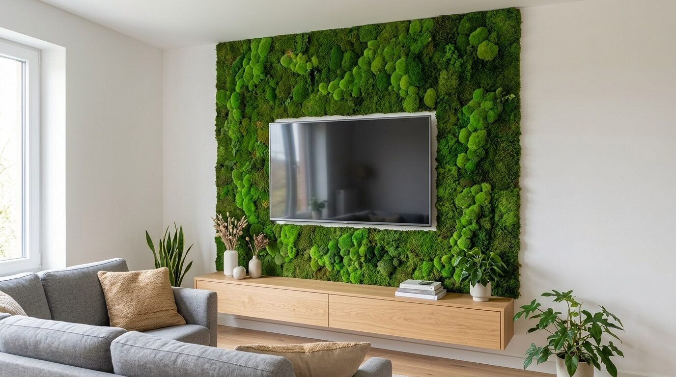 A modern TV centered on a lush green moss art installation above a long wooden floating media console.