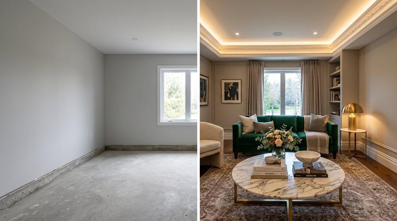 Comparison showing an empty room with concrete flooring next to a luxury living room with a green sofa.