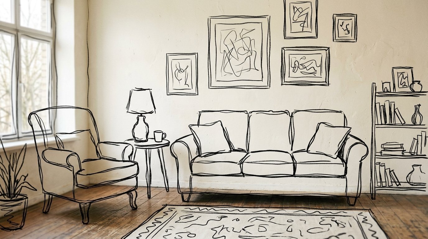 Black and white line art drawing of a sofa, armchair, and bookshelf on a wooden floor in a living room space.