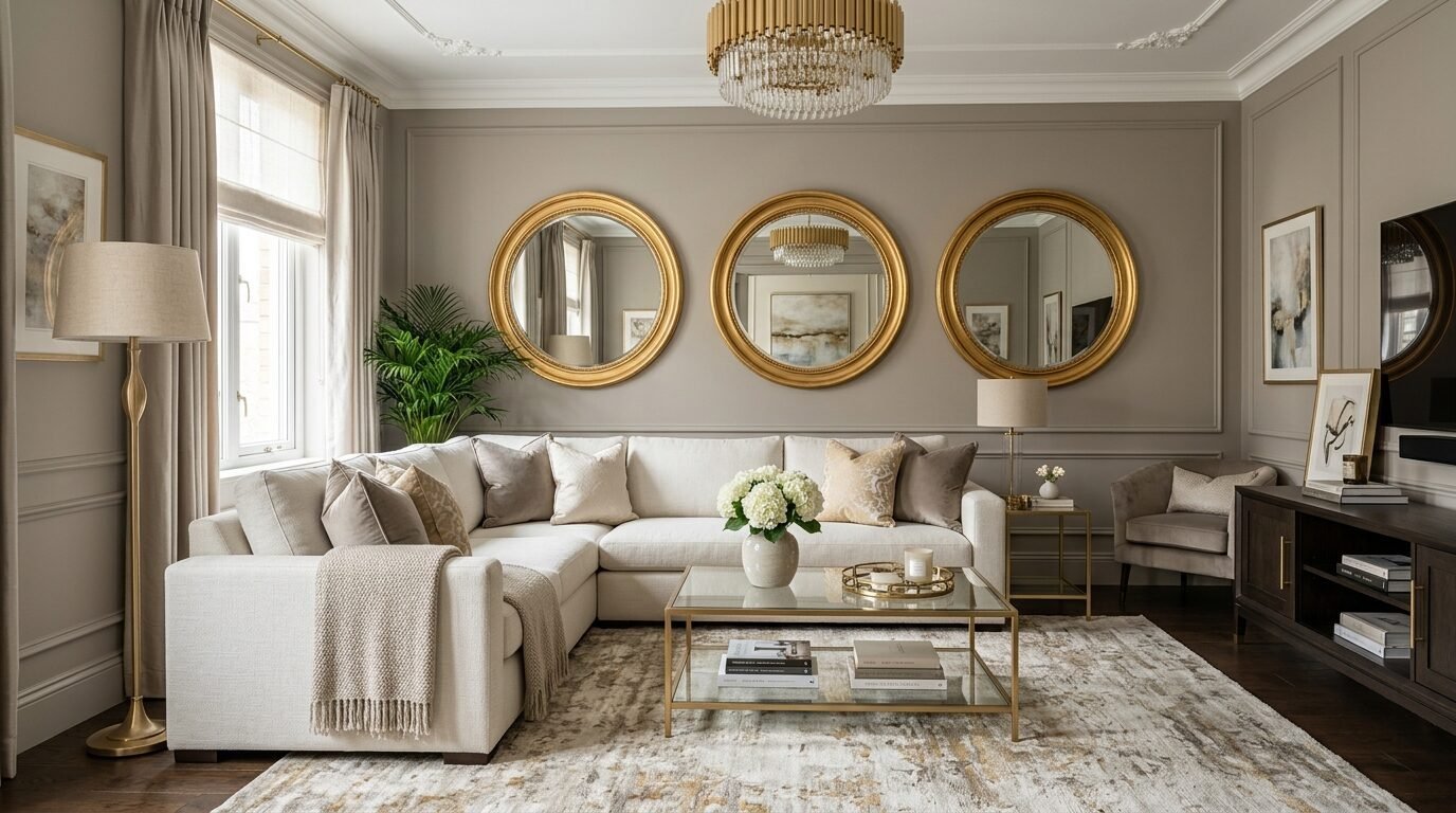A sophisticated living room featuring a cream sectional sofa, glass coffee table, and three gold-framed round mirrors.