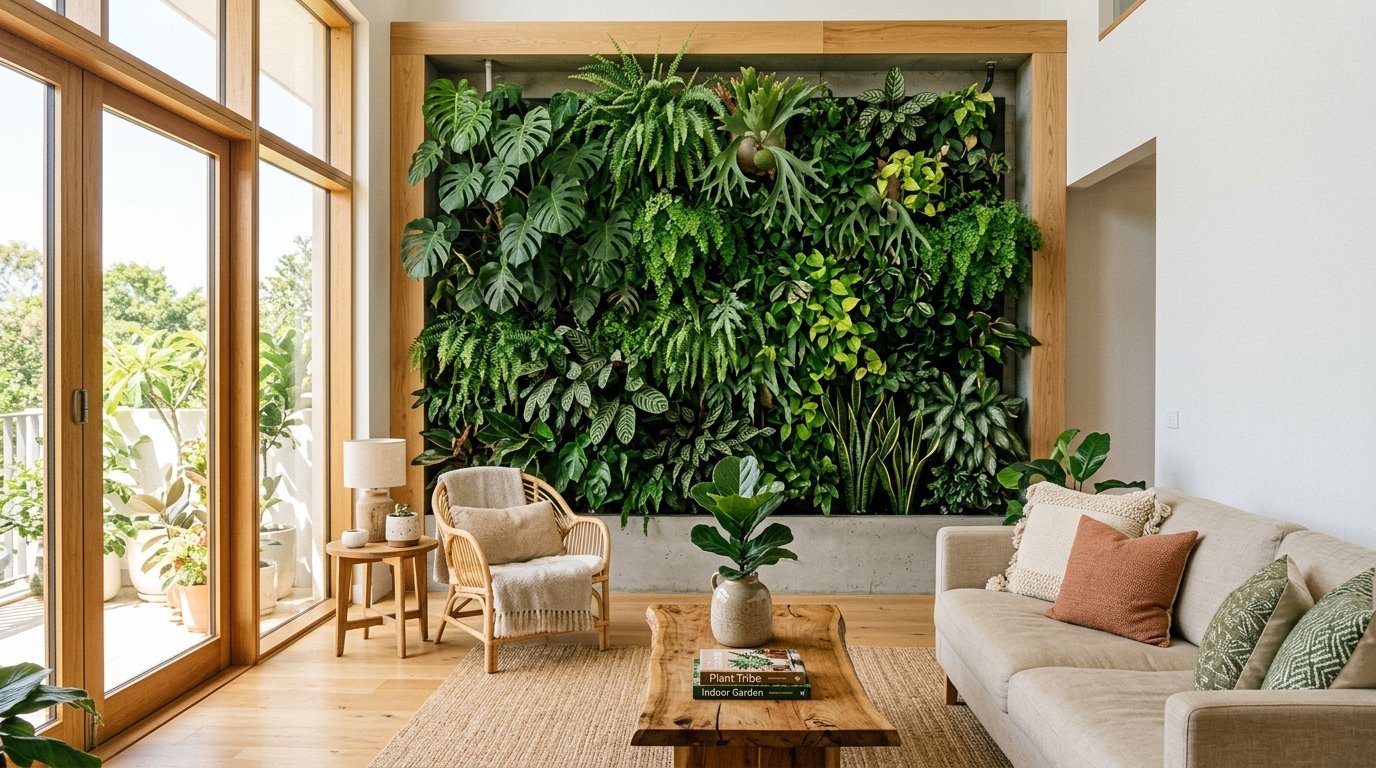 Lush green vertical plant wall featured in a sunlit interior space with a beige sofa and rattan accent chair.