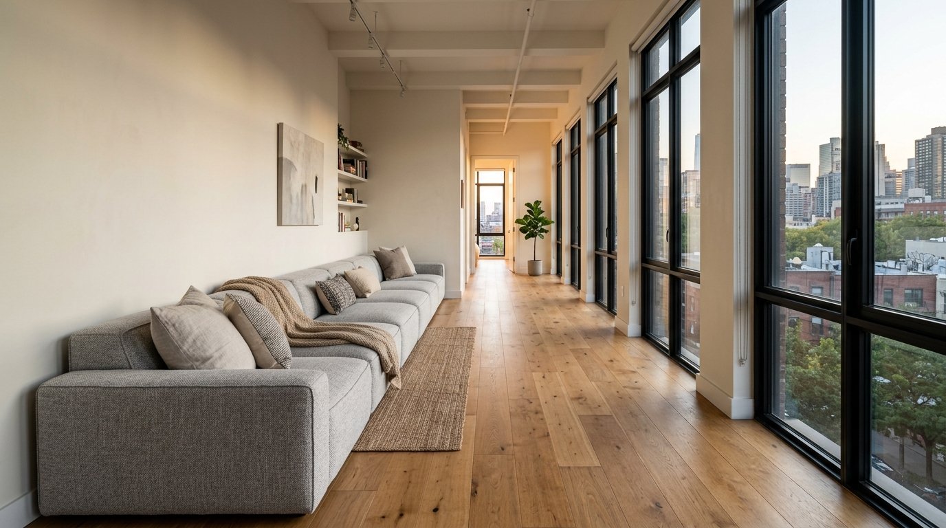 Modern living room with a neutral sofa, hardwood floors, and large windows overlooking the urban skyline.