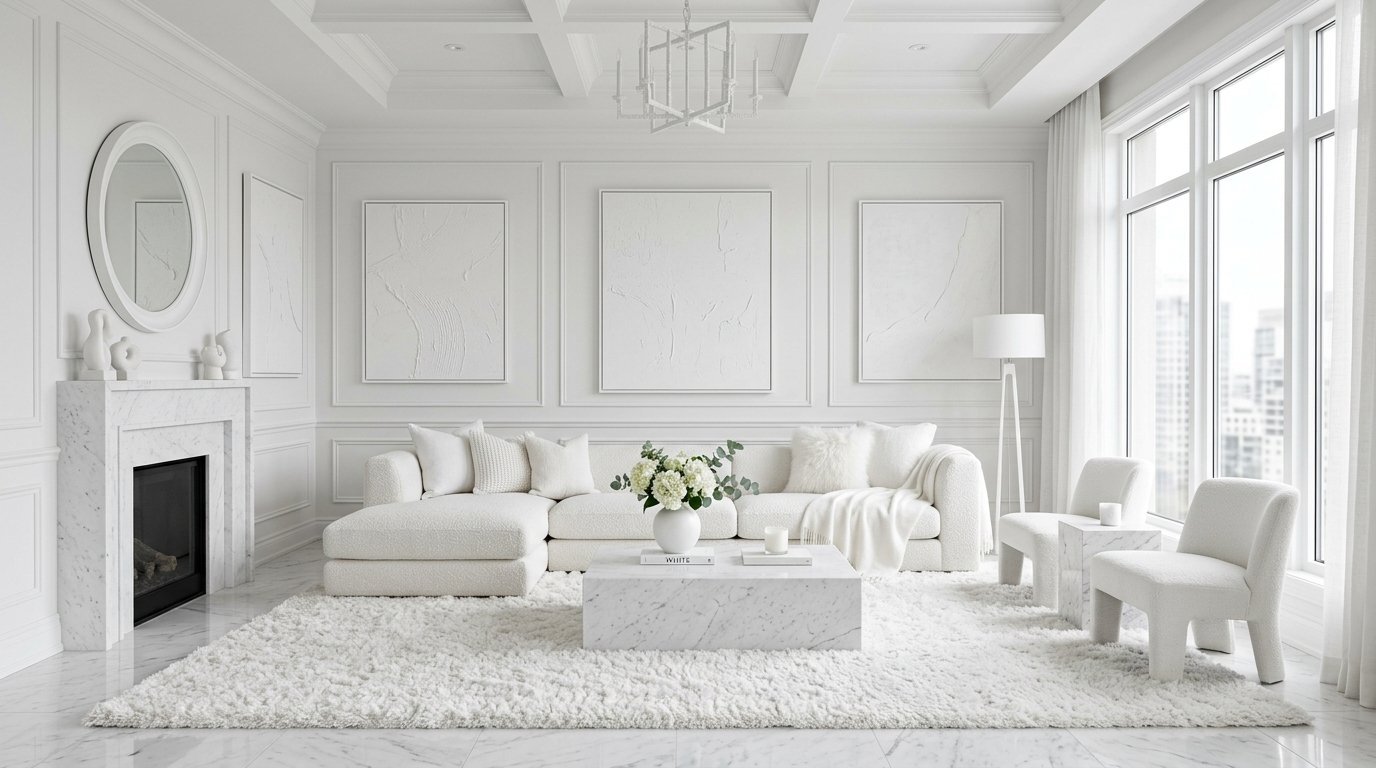 Monochromatic living room featuring a plush white sectional sofa, marble coffee table, and textured wall art.