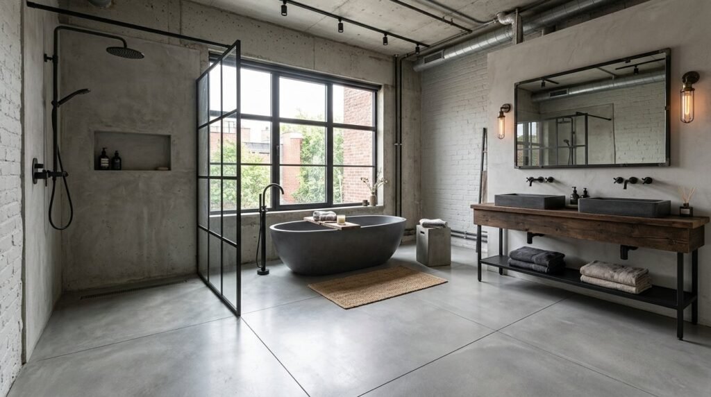 A bright and elegant modern bathroom interior with highly polished surfaces and contemporary fixtures.