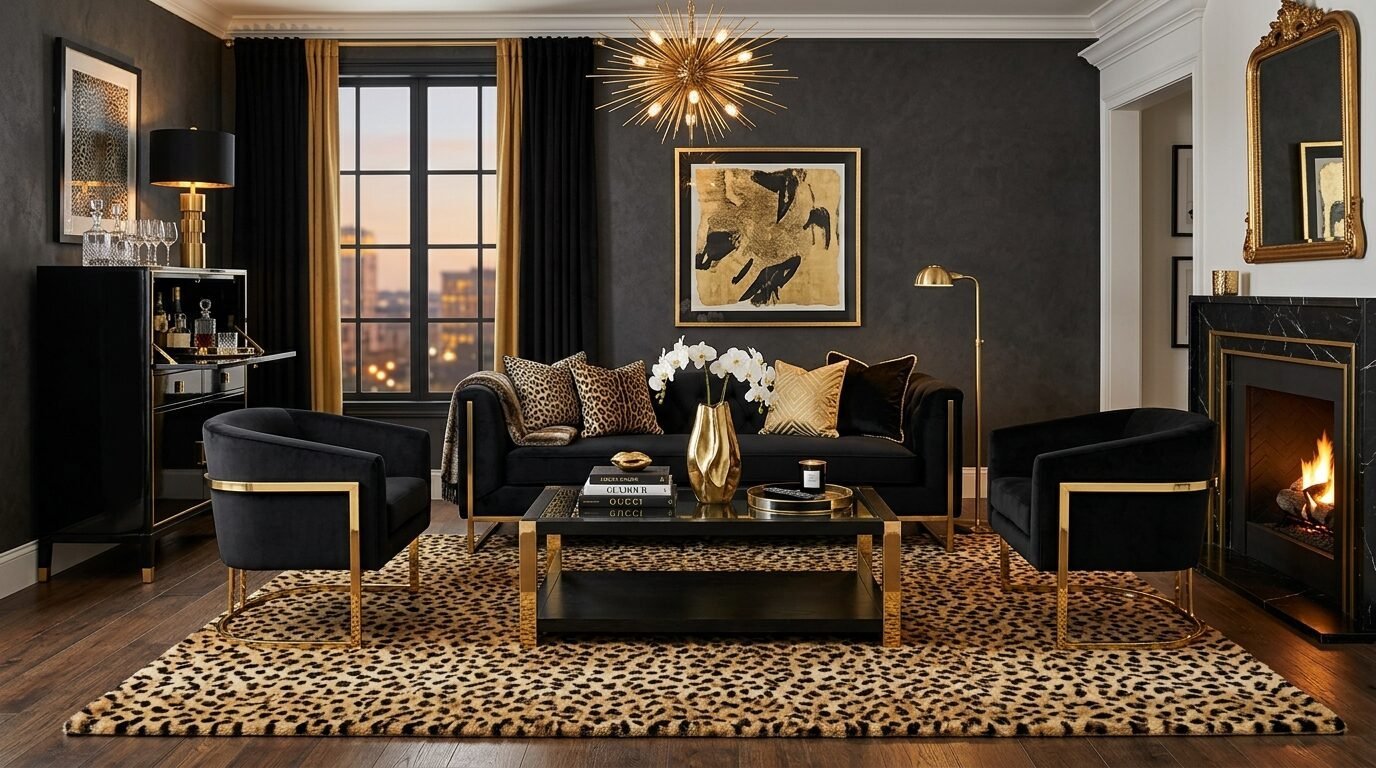 A lavish living room features a black sofa, matching armchairs, and a leopard print area rug.