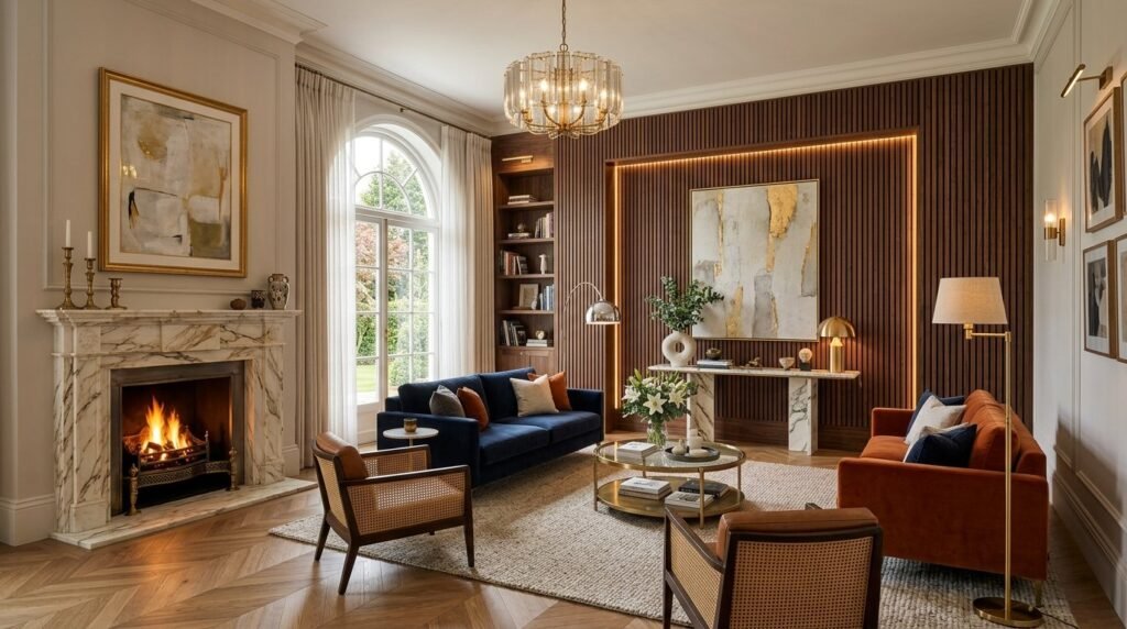 A stunning luxury drawing room featuring sophisticated furniture and premium interior design elements.