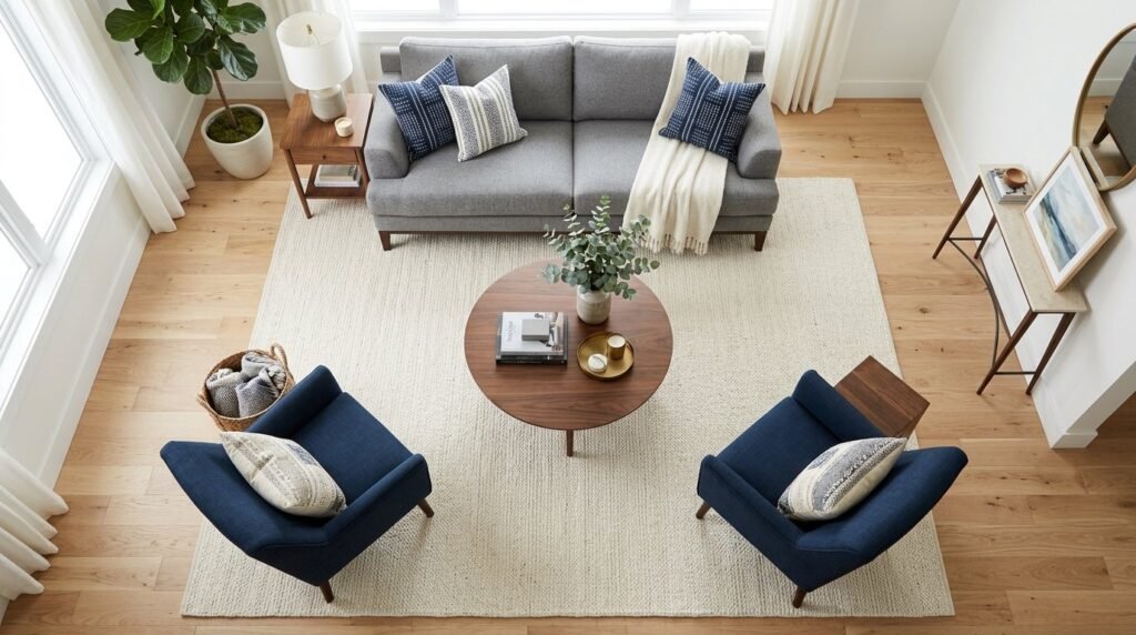 A high-quality, textured cream area rug placed in a beautifully lit minimalist living room.