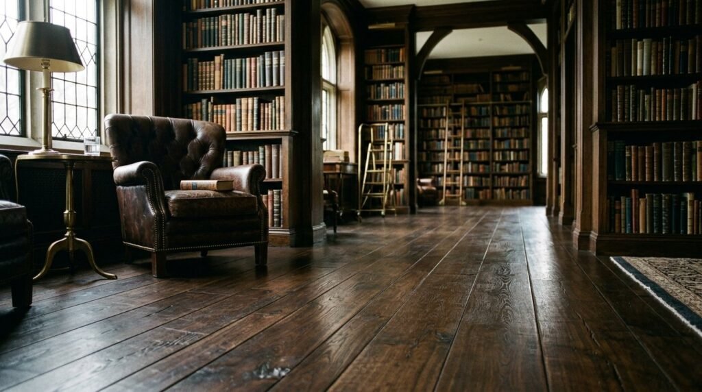 High quality dark walnut hardwood flooring installed in a bright modern residential interior space.