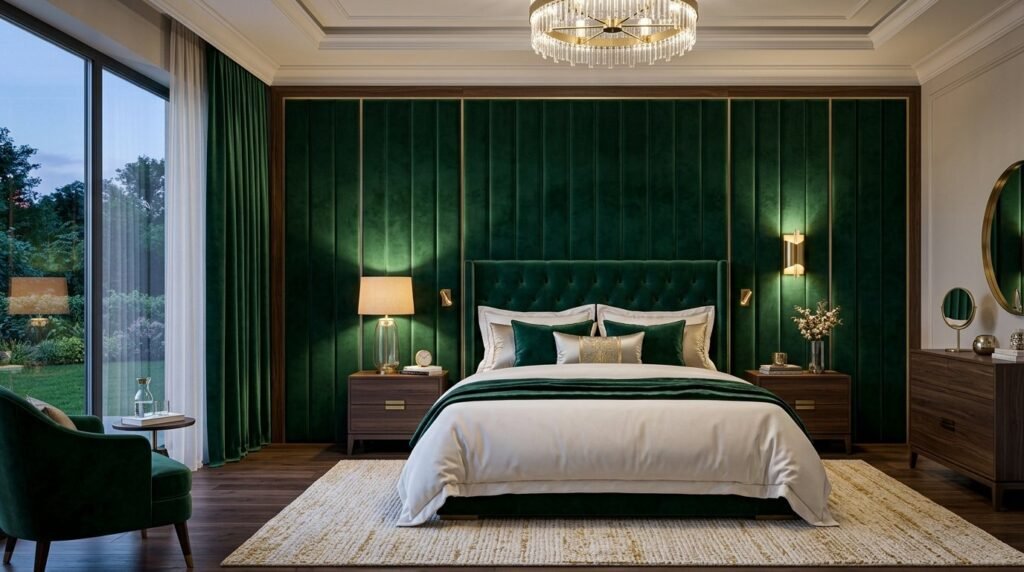 A beautifully styled modern bedroom with elegant emerald green accents and soft ambient lighting.