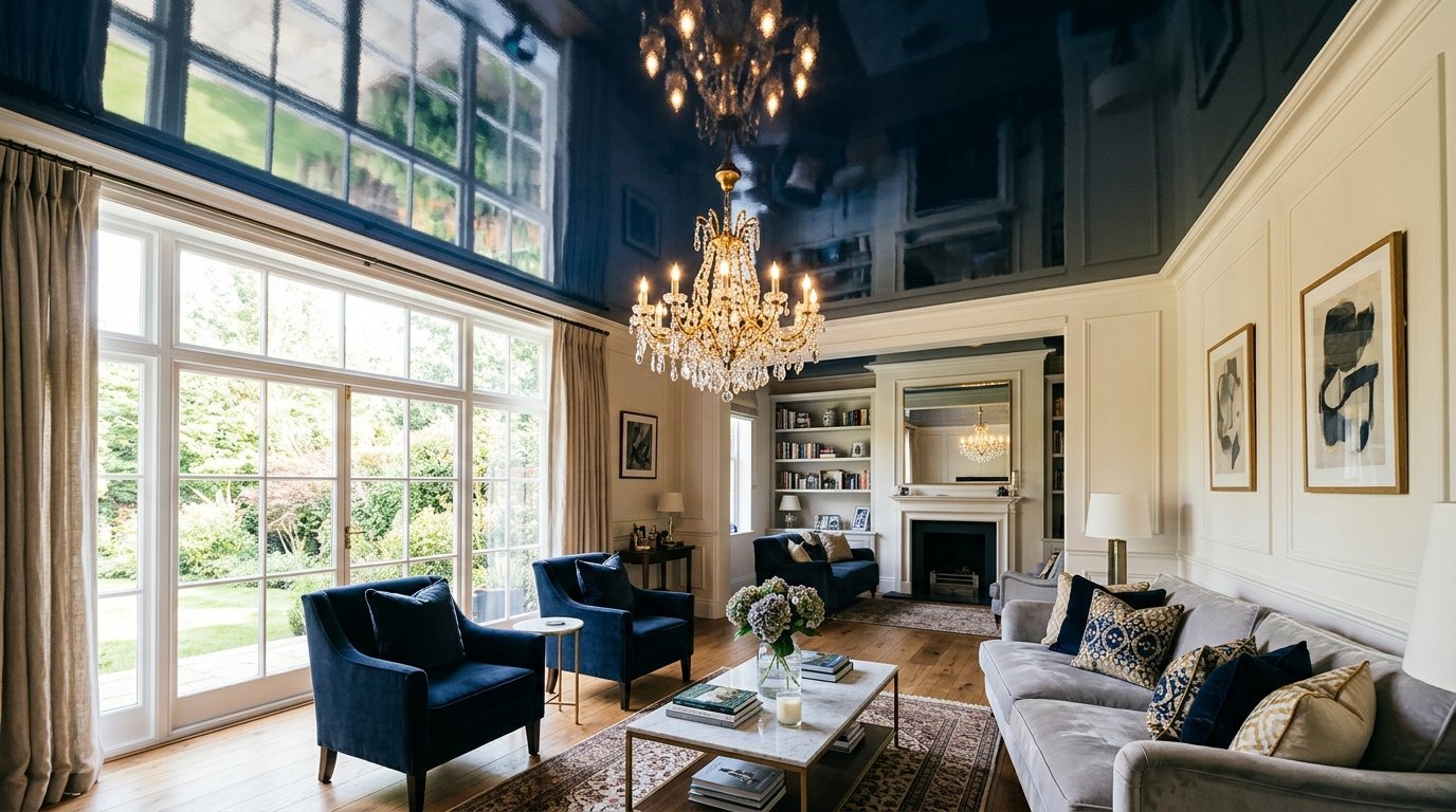 Spacious interior with navy armchairs, beige sofa, crystal chandelier, and a black mirror-finish ceiling.