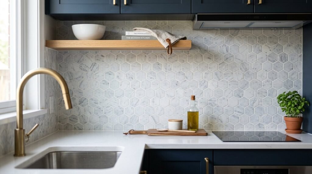 Close up view of elegant white marble hexagon tiles arranged in a modern interior pattern.