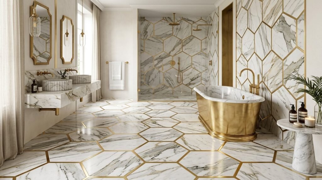 Close up detail shot of polished white marble hexagonal tiles with grey veining patterns on a bathroom floor.
