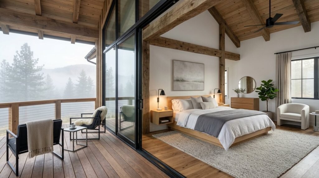 A beautifully staged modern master bedroom suite with premium interior design elements and soft lighting.