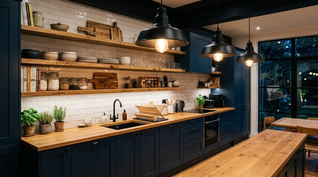 Modern kitchen interior featuring deep midnight blue cabinetry with gold hardware.