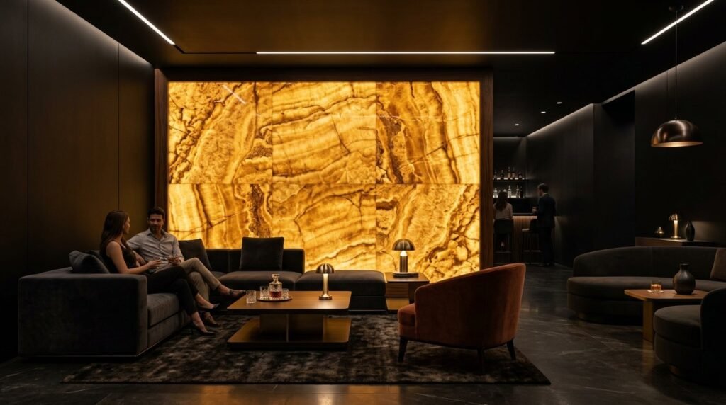 A sophisticated luxury lounge area with modern interior design and ambient lighting.