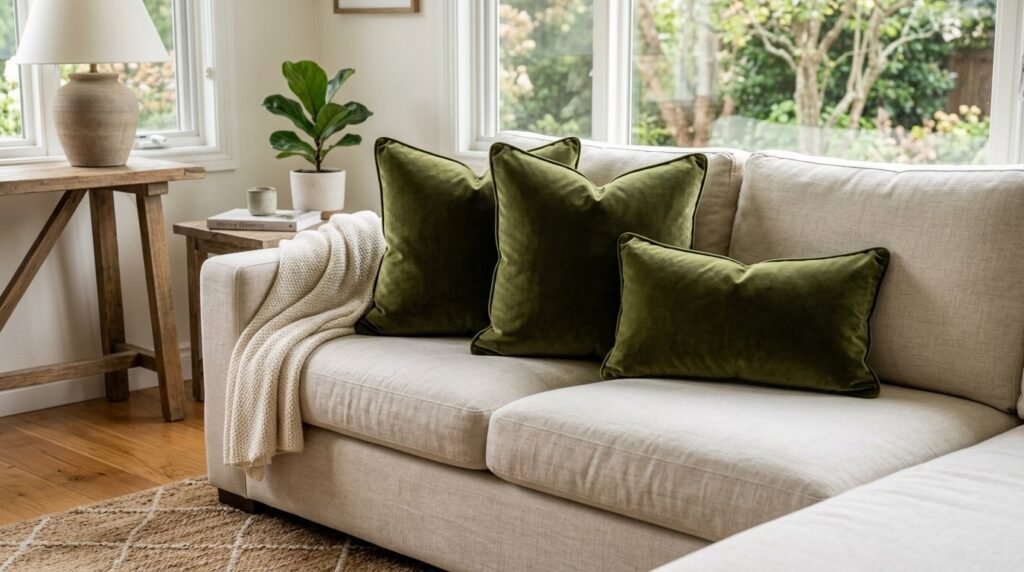 Close up shot of soft textured olive green velvet fabric showing rich color and deep pile.