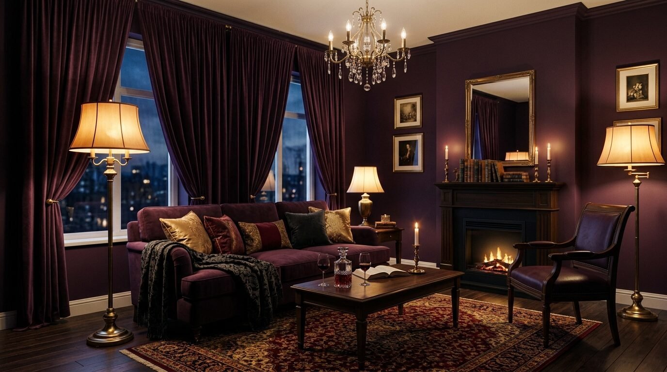 An elegant lounge with a velvet plum sofa, fireplace, crystal chandelier, and dim evening lighting.
