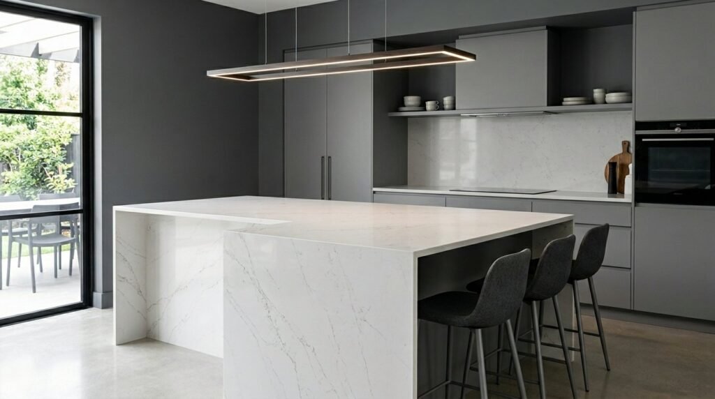 A sleek white quartz kitchen island with a waterfall edge design in a modern home.