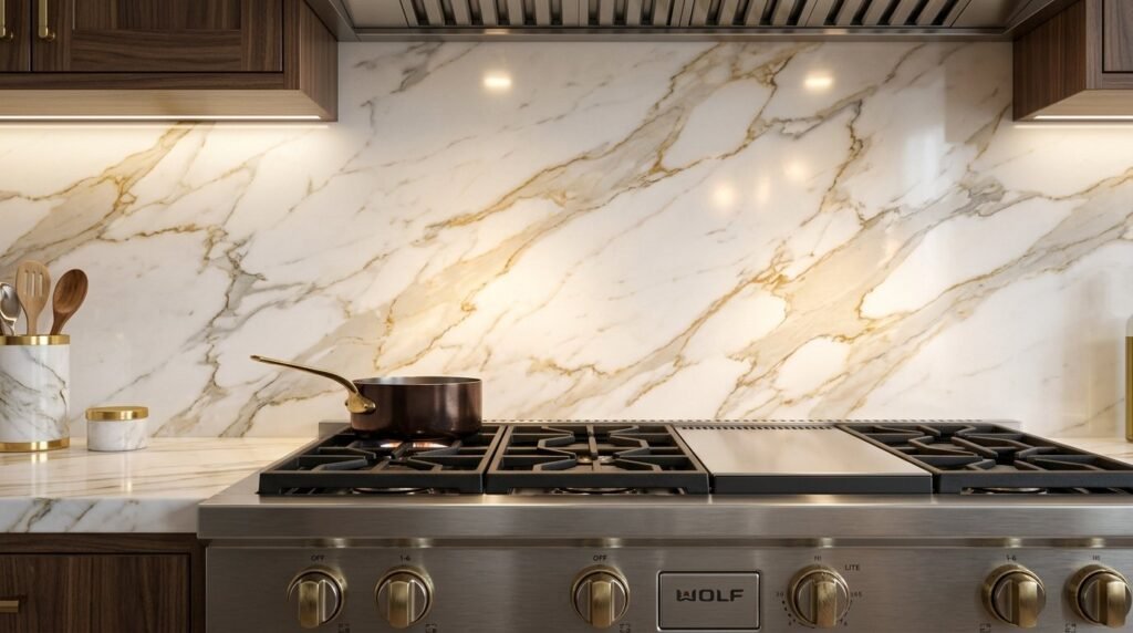 A seamless white marble slab backsplash installed in a modern kitchen.