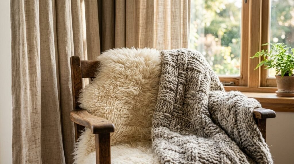 A soft high-quality wool and linen blend throw blanket draped elegantly on a textured surface.