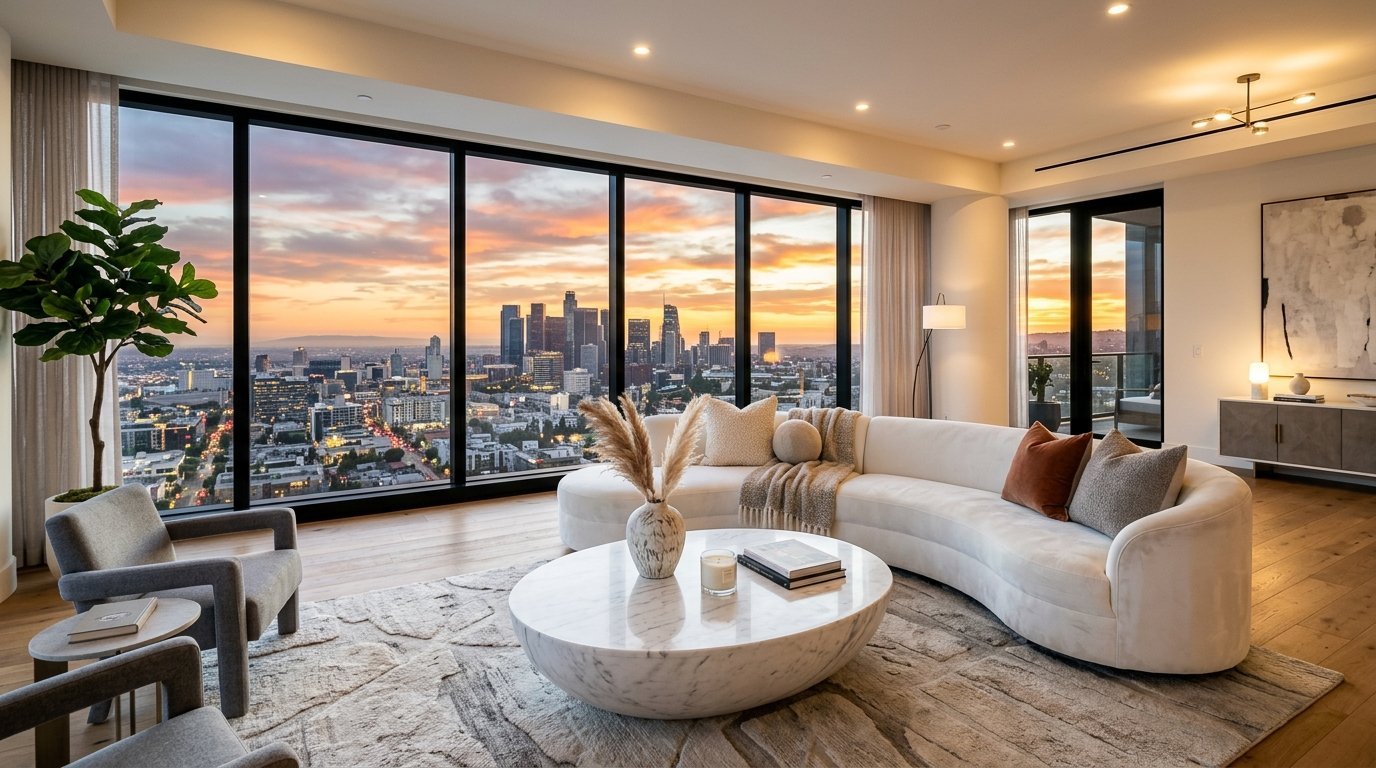 A curved white sofa and marble coffee table in a high-rise condo with sunset views of city skyscrapers.