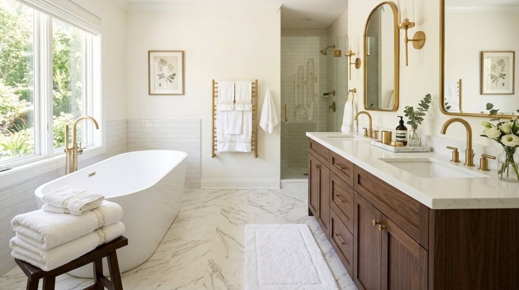 A stunning luxury bathroom interior featuring high-end marble wall tiling and modern fixtures.