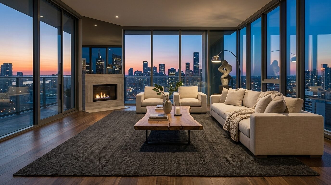 Contemporary penthouse lounge with floor-to-ceiling windows, fireplace, and beige furniture against a twilight cityscape.