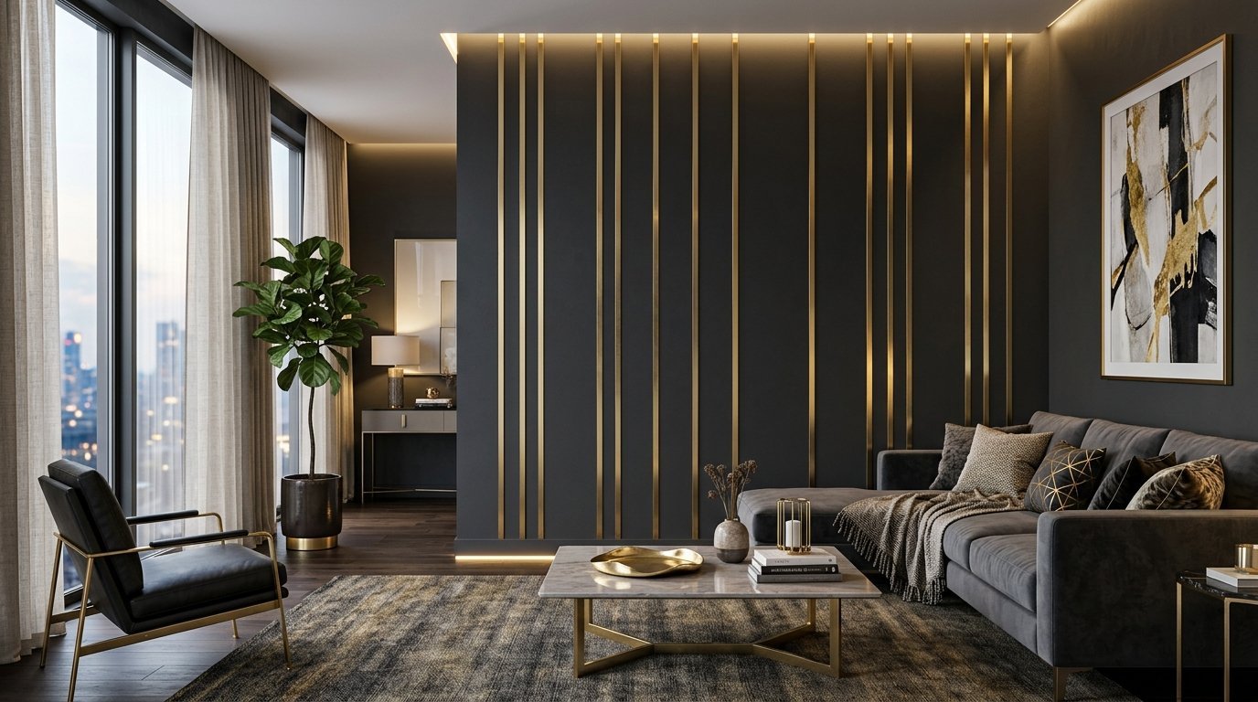 Contemporary lounge with grey sofa, gold vertical wall panels, and floor-to-ceiling windows overlooking a city.